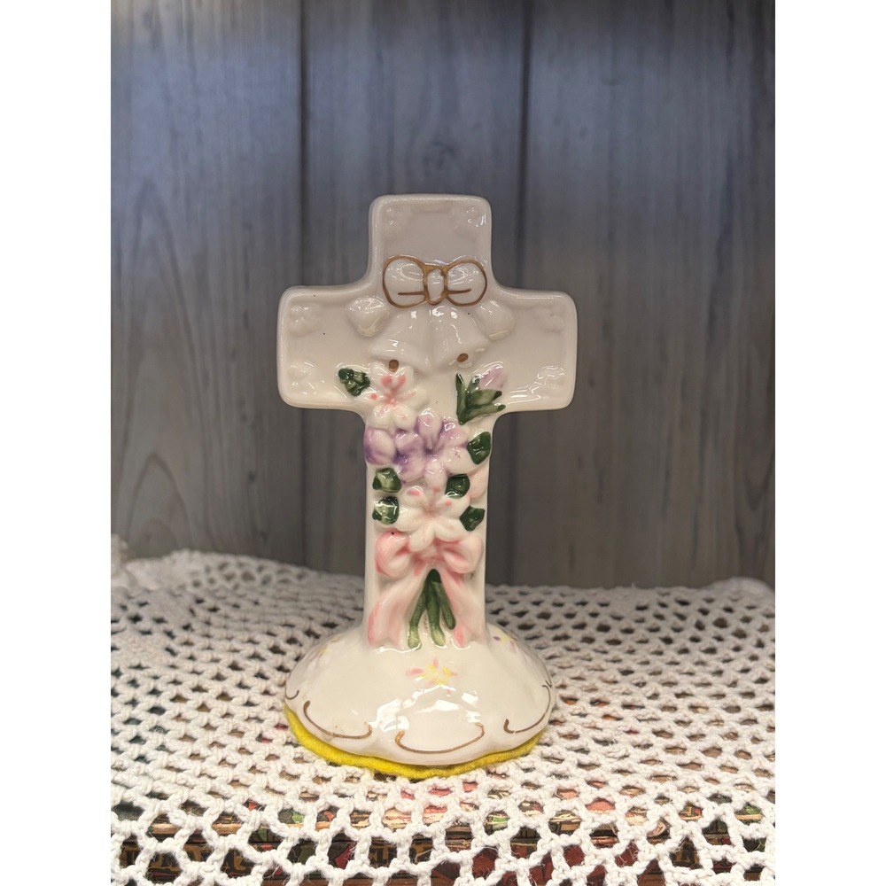 Vintage Ceramic Standing Cross Floral Bow Bell Gold Trim Religious Figurine